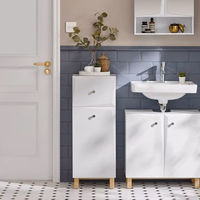 SoBuy Modern White Bathroom Laundry Cabinet with Soft-Close Hinged Doors and Internal Drawers – 1