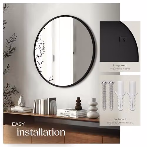 tectake Round Wall Mirror in Black with Minimalist Metal Frame, Diameter: 70 cm – 4