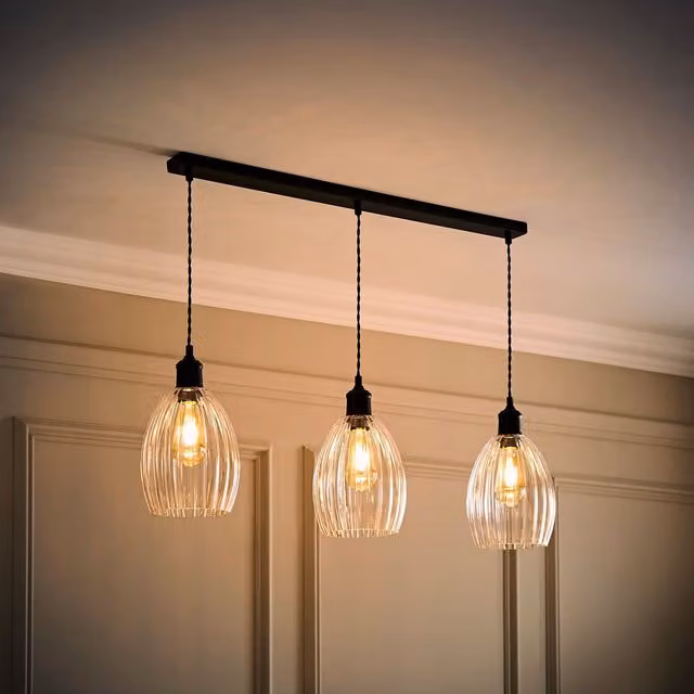 ValueLights Cheltenham 3 Drop Bar Ceiling Light with Matte Black Metal and Transparent Ribbed Glass Dome Shades