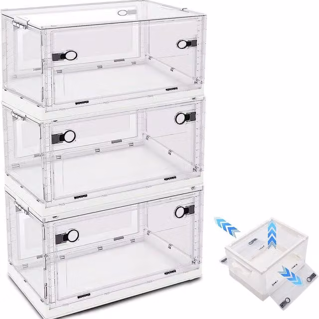 Livingandhome Set of 3 Stackable and Foldable Clear Plastic Storage Boxes with Lids and Wheels, White