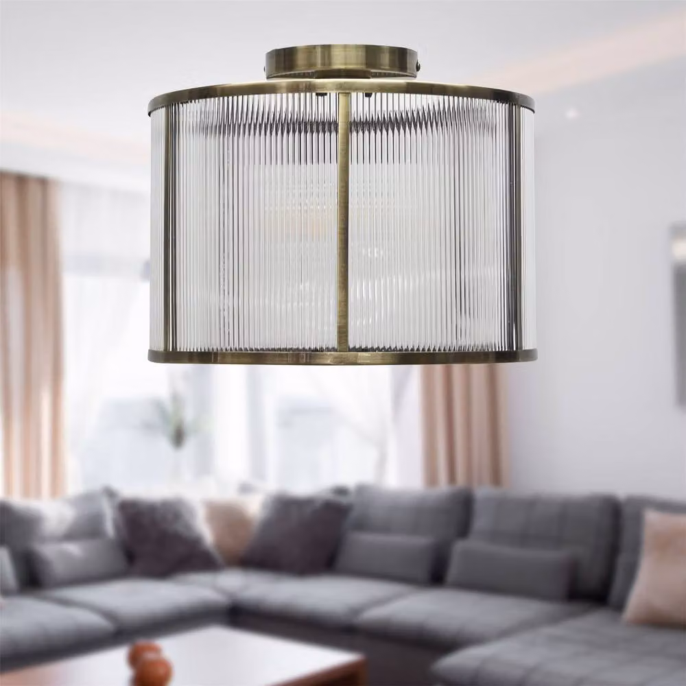 First Choice Lighting Bromley Set of 2 Antique Brass Ceiling Lights with Ribbed Glass Diffuser in Bronze – 3