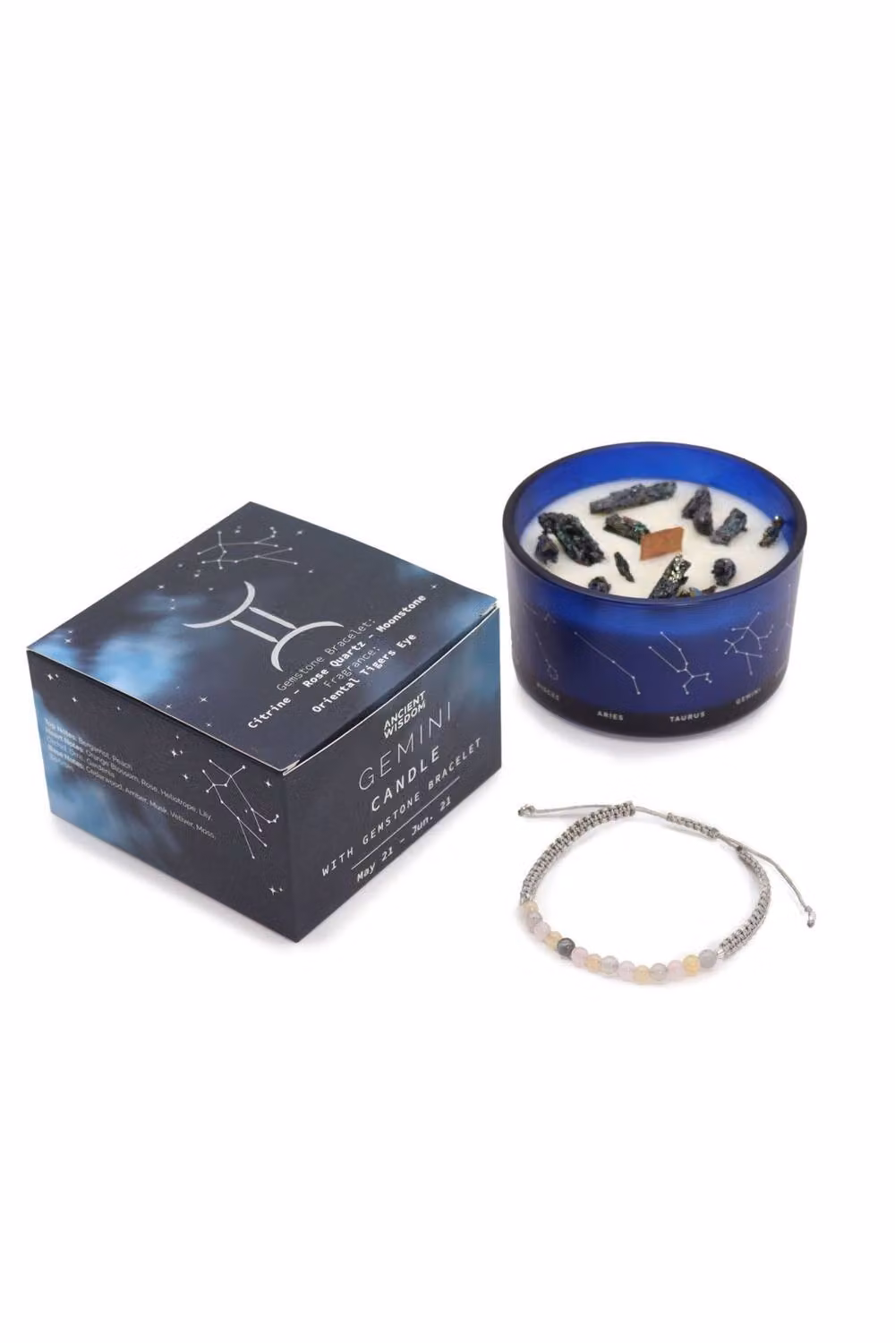 KDMD Gemini Zodiac Crystal Candle and Blue Tigers Eye Gemstone Bracelet Set – 2