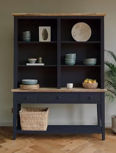 Statement Furniture Florence Navy Blue Console Table and Hutch with Acacia Tops, H 191.0 x W 143.0 x D 32.5 cm – 1