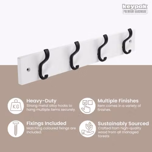keypak Wall-Mounted Wood Coat Rack with 4 Matt Black Hooks, Width: 38 cm, White – 2