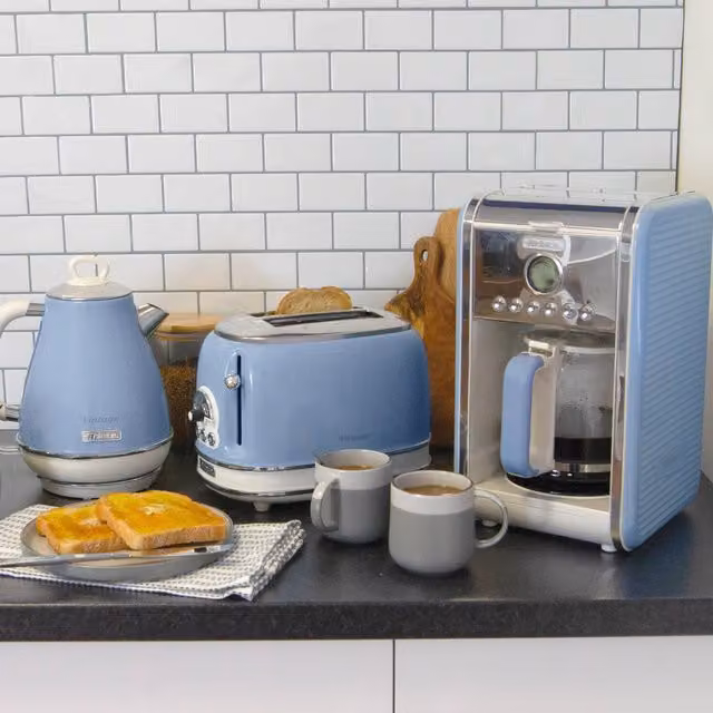 Ariete Blue Jug Kettle, 2 Slice Toaster and Filter Coffee Machine Set with Glass Elements