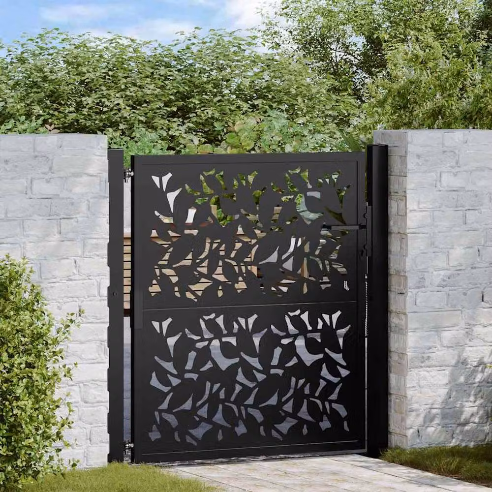 Berkfield Home Black Steel Leaf Design Garden Gate W: 105 cm, H: 106 cm – 2