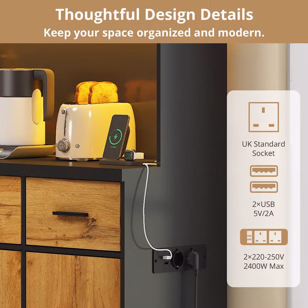 Rolipo Modern Tall Kitchen Pantry Cabinet in Matt Black with LED Lighting and Charging Station, Height: 180 cm – 2