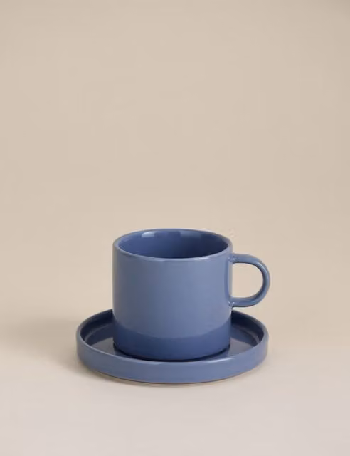M&S Blue Stoneware Straight Sided Coffee Cup and Saucer Set