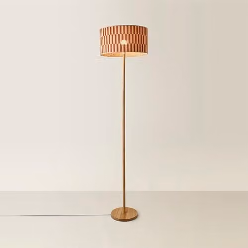 ValueLights Heather Wood Floor Lamp with Orange Checkerboard Bamboo Shade, H 180 x W 30 x D 30 cm