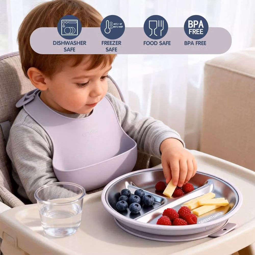Greentainer 3-Piece Multicolour Silicone Divided Feeding Set with Suction Base and Stainless Steel – 2