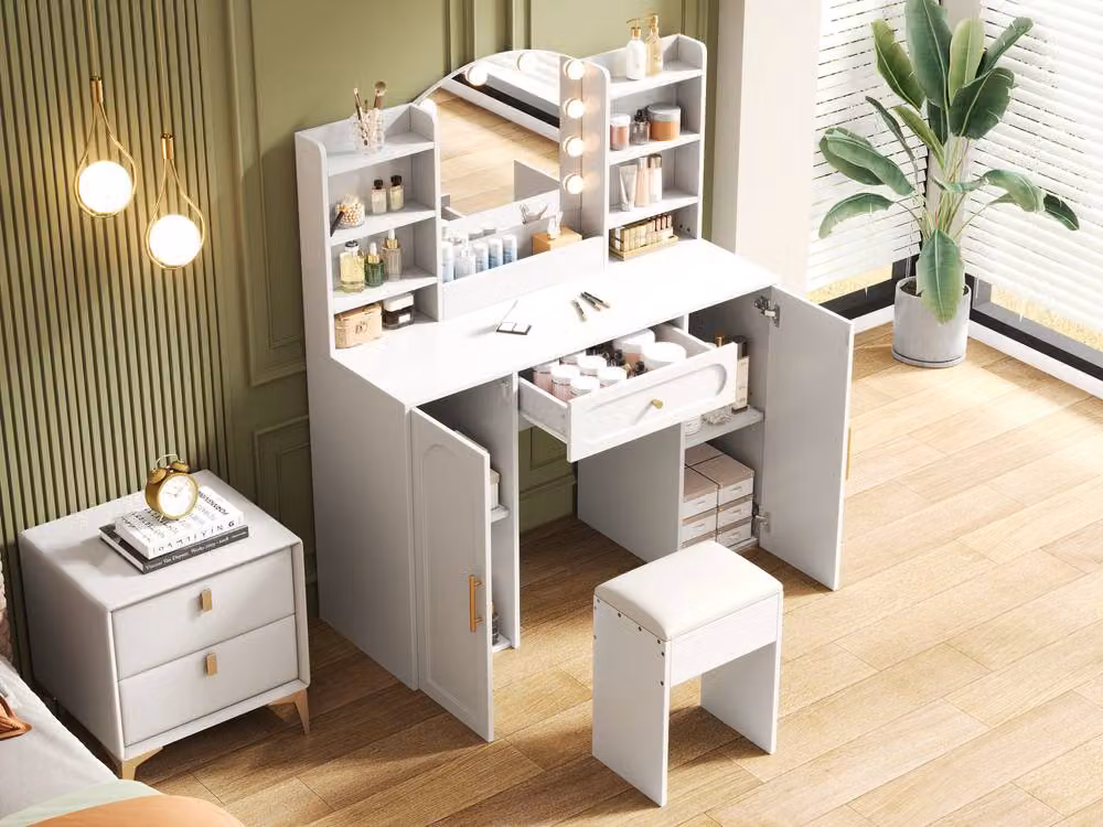 Matteo White Modern Dressing Table with LED Mirror, Stool and Storage – 4