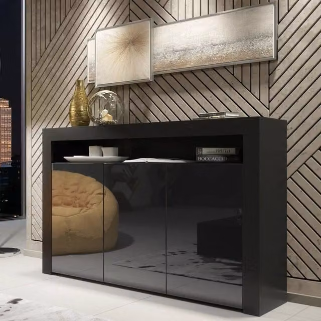 PAWNORA Modern Glossy Black Sideboard Cabinet and TV Unit with Media Compartments – 1
