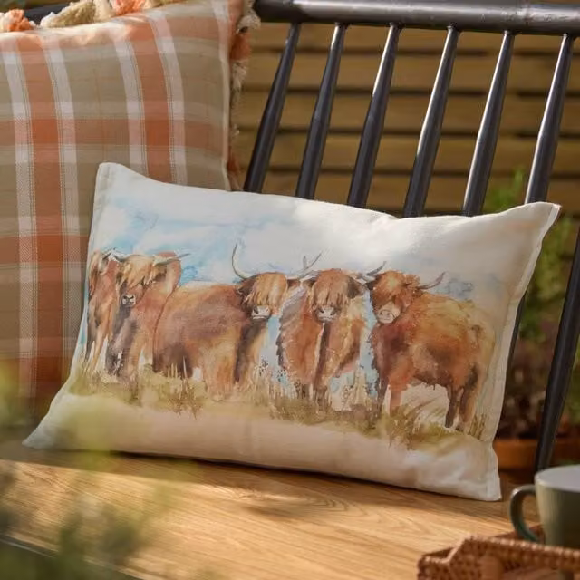 Voyage Maison Highland Cattle Reversible Outdoor Cushion, Multicolour and Brown, W: 50 cm, H: 30 cm, D: 30 cm