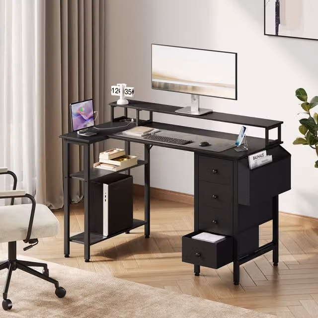 Yaheetech L-shaped Corner Computer Desk with Monitor Stand in Black