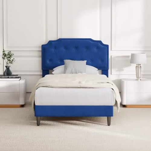 MCC Direct Chelsey Single Velvet Upholstered Bed Frame with Tufted Headboard, Blue, W/D/H: 90 x 200 cm – 1