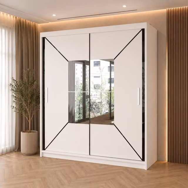 Sliding Wardrobes 4U Double Center Mirror Sliding Door Wardrobe in White, W: 180 cm, H: 217 cm