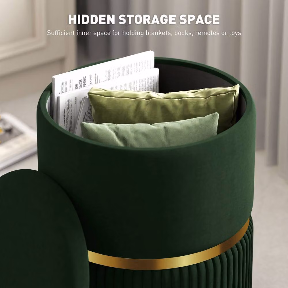Wyld Haus Rapa Dark Green Etched Velvet Cylindrical Storage Ottoman with Gold Detail – 4
