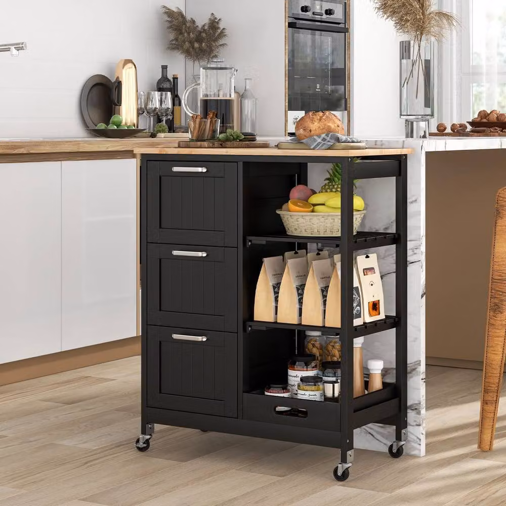 Gymax Black Rolling Kitchen Island Utility Cart with Lockable Wheels and Wood Top – 8