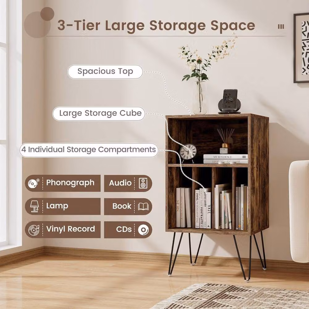 Costway 3-Tier Industrial Record Player Stand and Vinyl Storage Table in Brown – 8