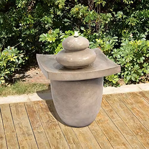 Teamson Home 2 Tier Sphere Zen Waterfall Feature with LED Lights, Yellow Polyresin Outdoor and Indoor Cascading Water Fountain, H 62.0 cm x W 46.0 cm x D 46.0 cm – 2