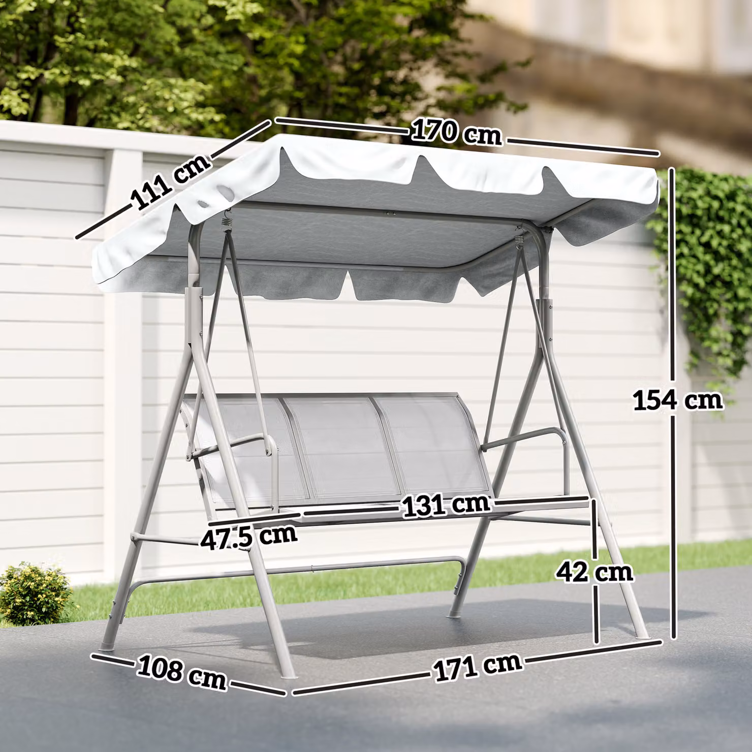 Outsunny 3-Seater Metal Garden Swing Chair with Sun Canopy in Matt Light Grey – 3
