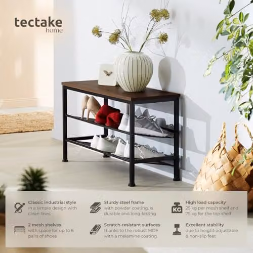 tectake 3-Tier Industrial Shoe Rack with Adjustable Shelves in Black and Brown, W/D/H: 75.5 x 30.5 x 45.5 cm – 2