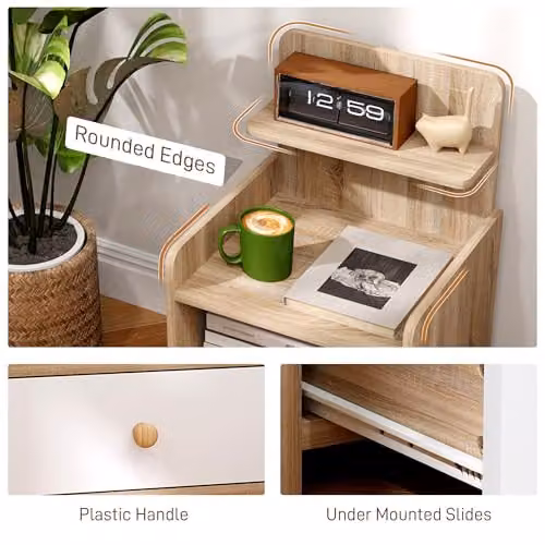 HOMCOM Bedside Table with Drawer in White Natural Wood Effect, W/D/H: 40 x 35 x 60 cm – 4