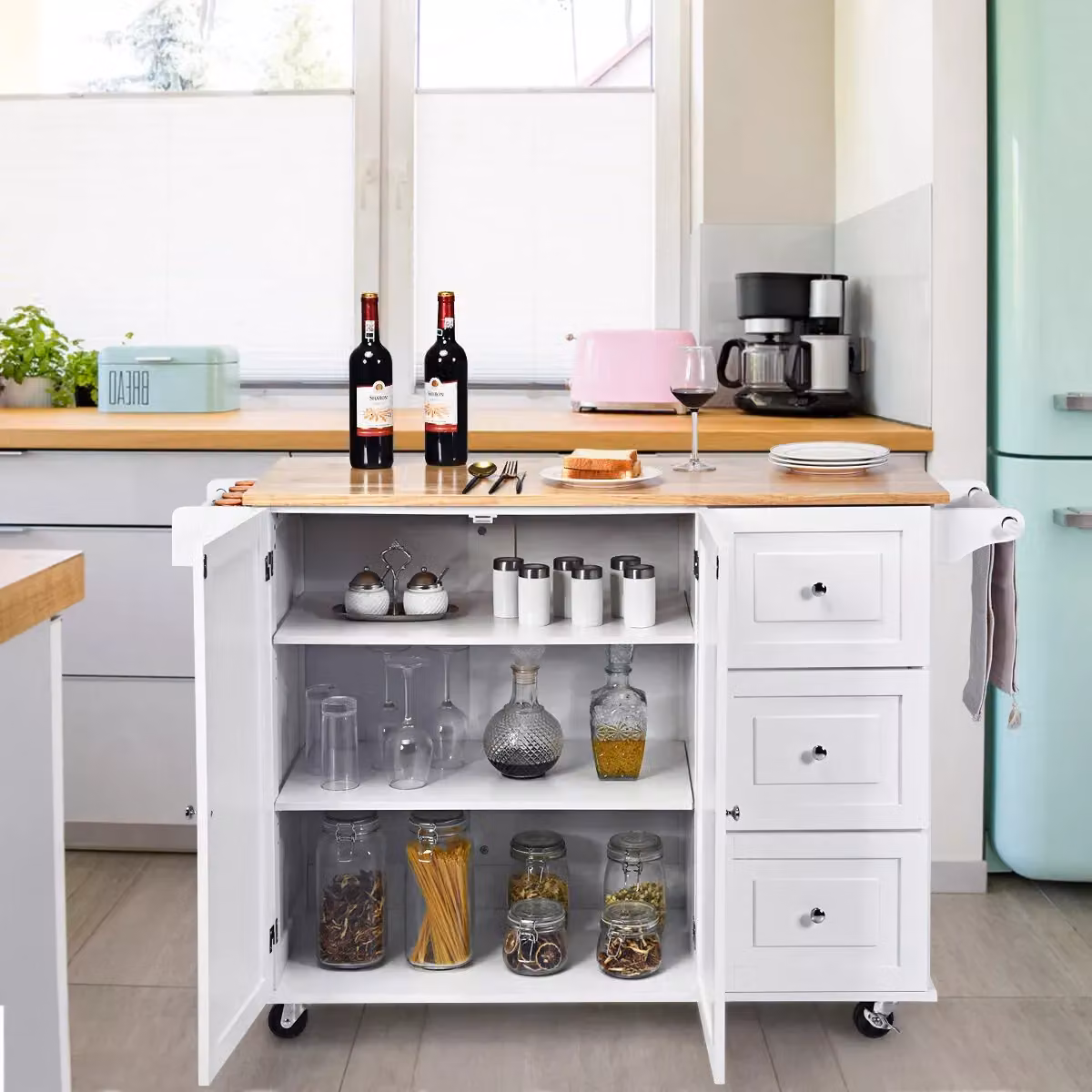Costway Kitchen Storage Trolley Cart with 3 Drawers and Rubberwood Shelves in White and Multicolour – 2