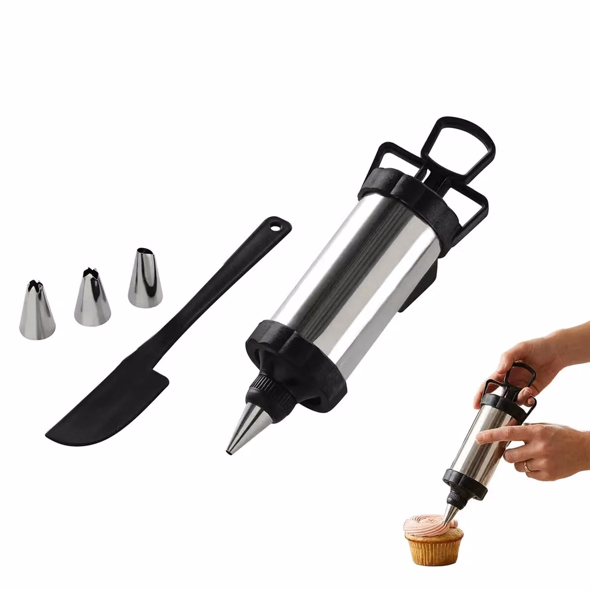 Orsina Icing Set with 4 Stainless Steel Nozzles and Spatula in Silver and Black – 3
