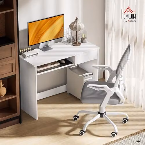 Vinsetto Home Office Desk and Mesh Chair Set in White and Grey – 2