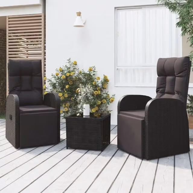 Berkfield Home 3 Piece Modern Garden Lounge Set in Black Poly Rattan and Powder Coated Steel with Upholstered Cushions