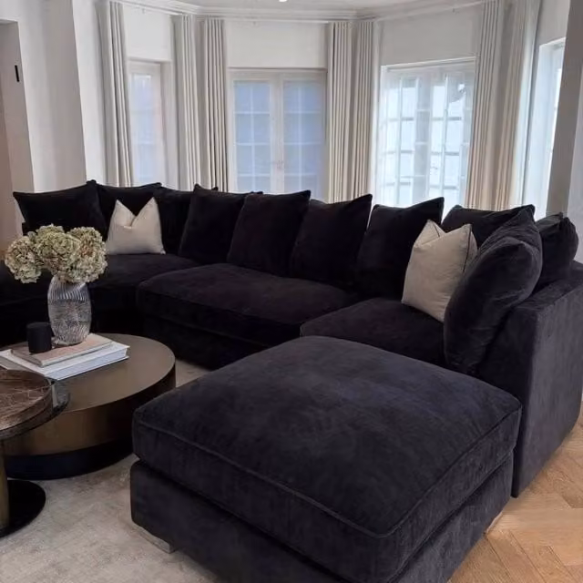 Home & Love Bishop U Shape Cinema Scatterback Corner Sofa in Black Velvet with Matching Ottoman