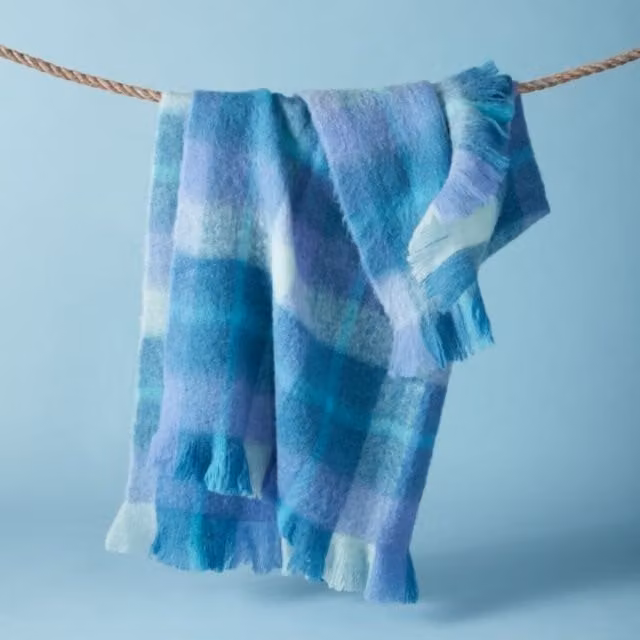 Bluebellgray Highland Check Wool Throw in Sea Blue, W: 130 cm, D: 170 cm