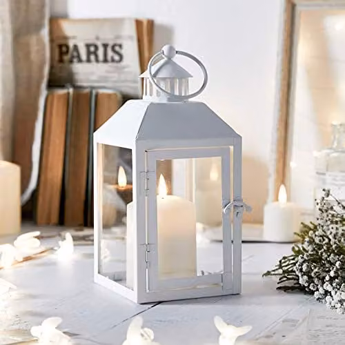 Lights4fun White Metal Tabletop Garden Lantern with TruGlow LED Candle, Height: 26 cm – 6