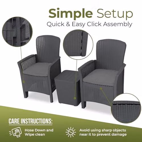 Centurion Supports Ophelia 3-Piece Black PU Rattan Wicker Garden Furniture Set with High Back Armchairs, Side Table and Cushion Storage – 3