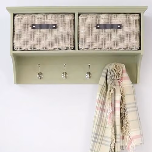 Statement Furniture Tetbury Wall Mounted Coat Rack with Hanging Shelf and 2 Brown Storage Baskets in Light Green