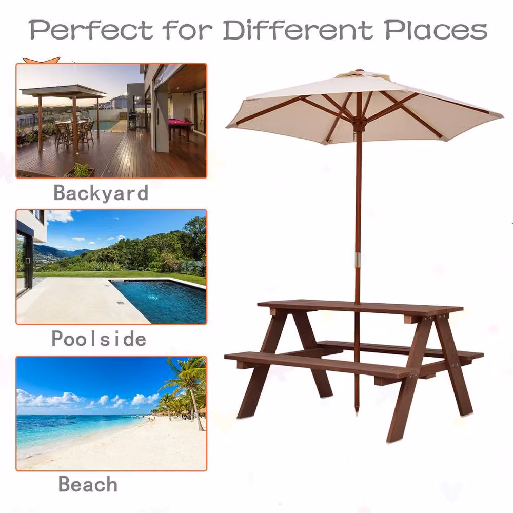 Gymax Brown Treated Hardwood Outdoor Picnic Table with Removable Umbrella for Garden and Children – 3