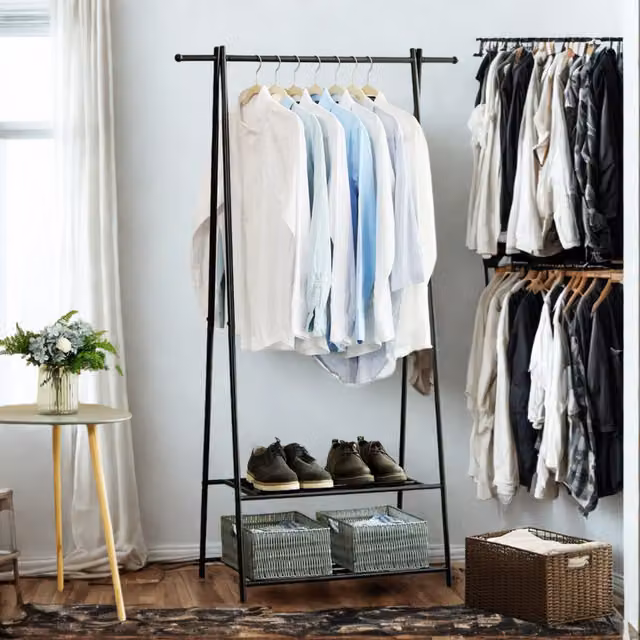 Pirlo Plush Minimalist Matt Black Metal and Plastic A-Frame Entryway Coat Rack Stand with Shoe Storage