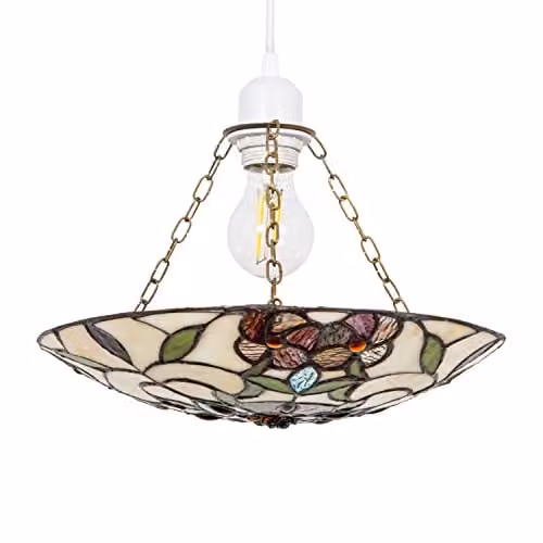 Happy Homewares Art Nouveau Stained Glass Tiffany Pendant Lamp Shade in Multicolour with Green, Blue and Purple Glass, Diameter: 31 cm, H x W x D: 6 x 31 x 6 cm – 1