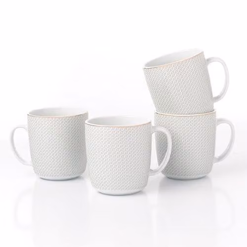 Waterside Set of 4 White Porcelain Mugs with Gold Geometric Diamond Design – 2