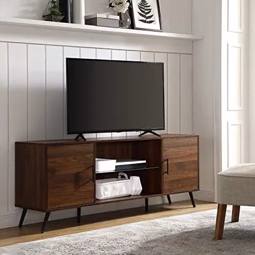 Centurion Supports Portobello Luxury Walnut Dual Compartment 6-Shelf TV Cabinet in Brown, fits up to 65 inch screens – 1