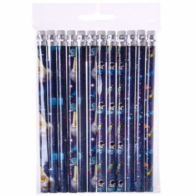 LG-Imports Pack of 12 Multicolour Space Design Graphite Pencils with Eraser and Wood Body