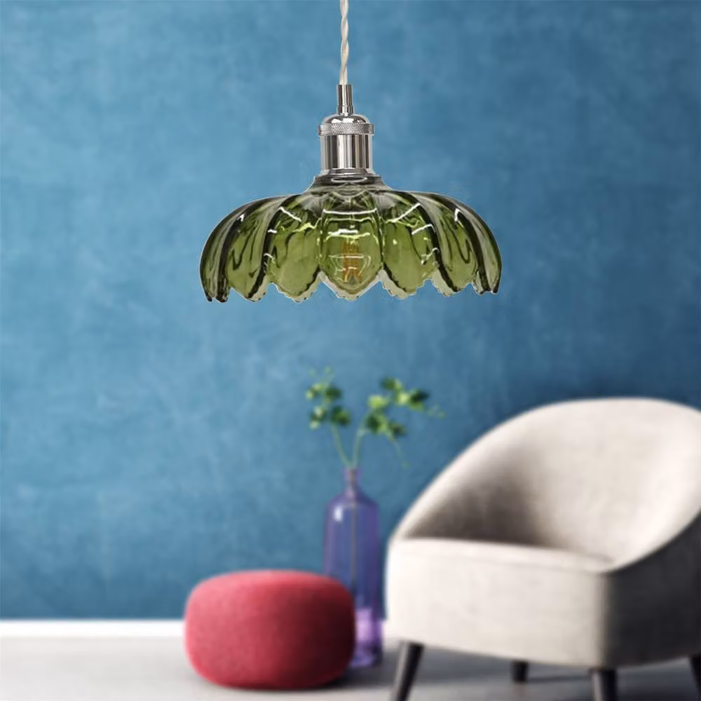 First Choice Lighting Alice Green Leaf Design Glass Pendant Shade with Chrome Flex Set – 2