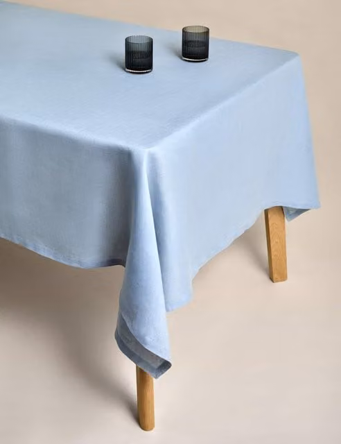 M&S Blue Plain Rectangular Pure Linen Tablecloth