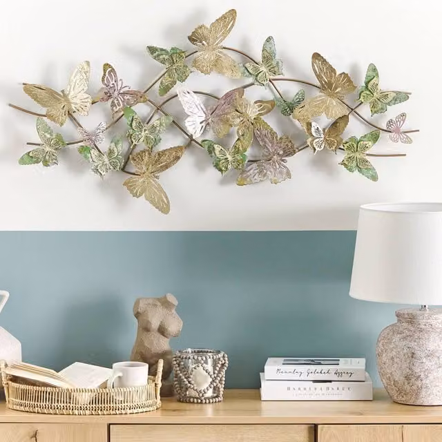 Wyld and Coco Boho Glam Butterfly Metal Wall Art, Multicolour, W: 100 cm, H: 53 cm