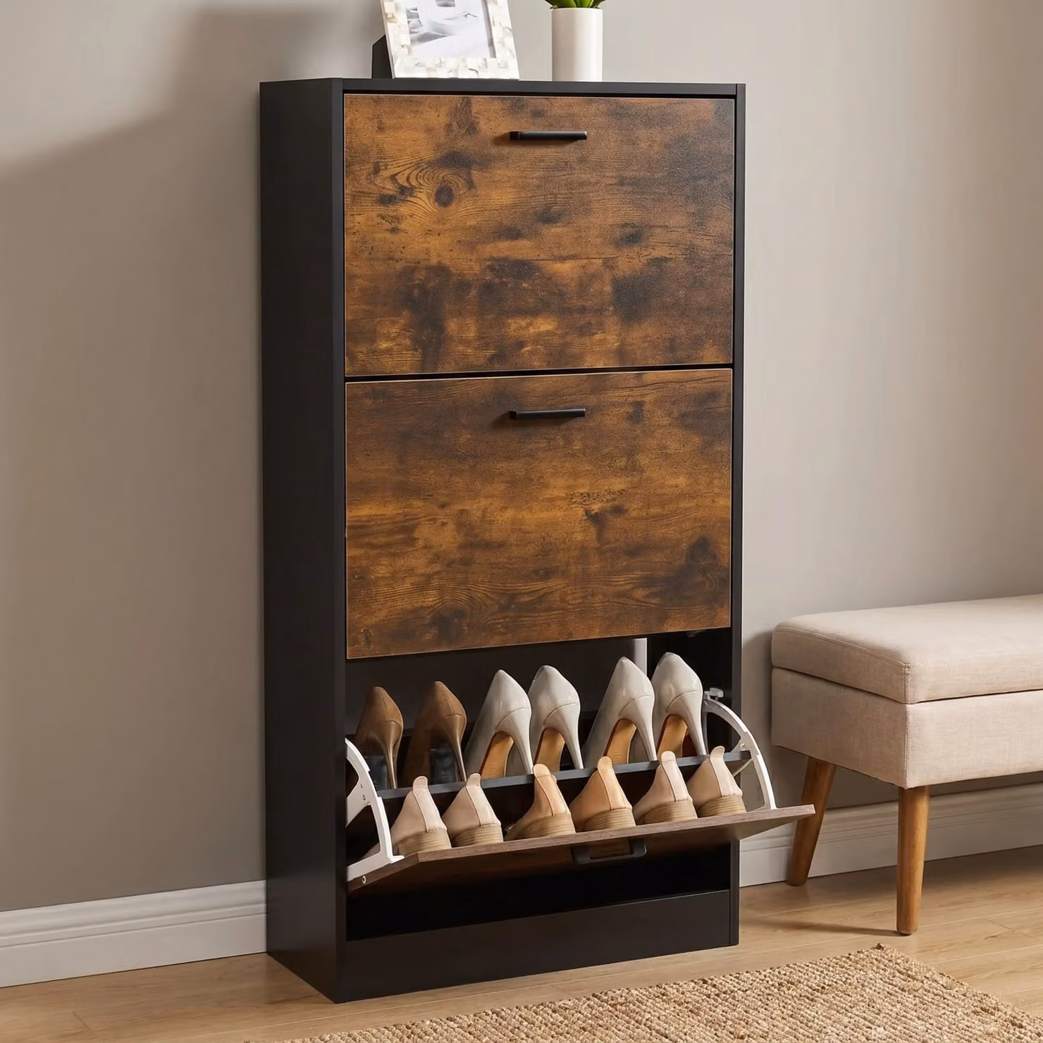 Modern Black Slim Shoe Cabinet with 3 Pull-Down Drawers for Hallway Storage