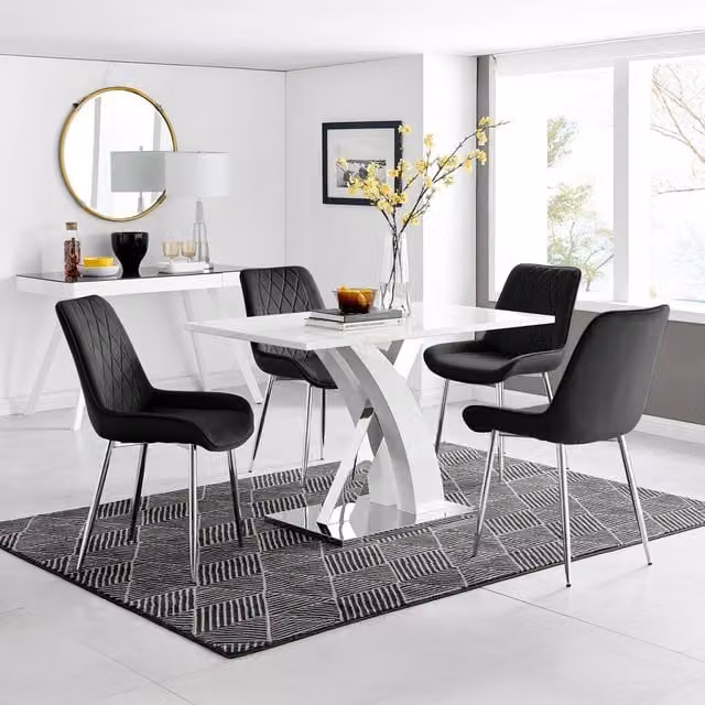FurnitureboxUK Atlanta White High Gloss 4 Seater Dining Set with X-Frame Table and 4 Black Pesaro Velvet Chairs, W/D/H: 120 x 70 x 75 cm – 1