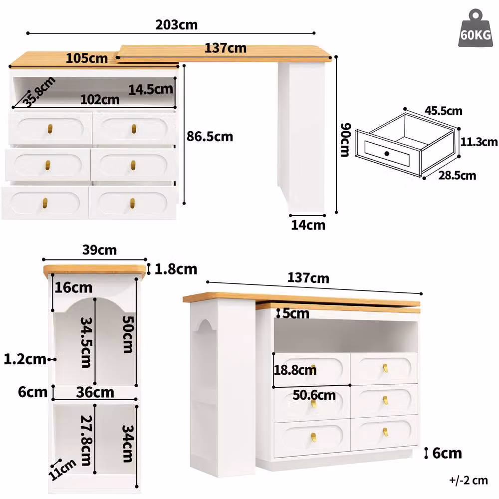BTM Rotating Bar Table with Six Drawers, Open Storage and Spice Rack in White, W/D/H: 51.77 x 39.0 x 90.0 cm – 3