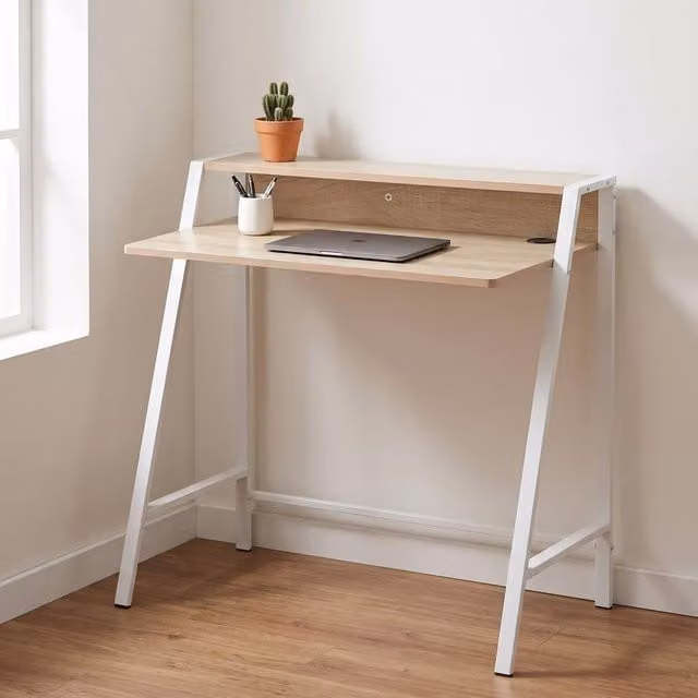 STILVORA Writing Desk with Metal Frame in Oak Brown, H 85.0 cm x W 84.0 cm x D 20.0 cm