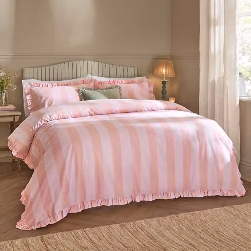Riva Home Birdie Stripe Ruffle Duvet Cover Set in Pink and Red, 200 x 200 cm